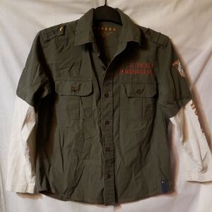 Kids Olive Green Button Down Shirt with White Sleeves